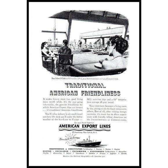 1953 American Export Lines Cruise Ships Vintage Print Ad Sea Island Club Pool - Picture 1 of 1